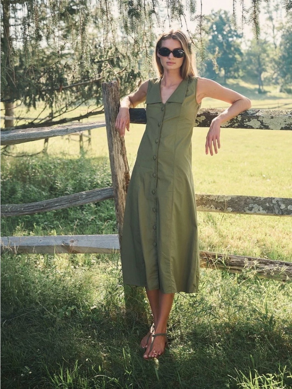 Sleeveless Olive Button-Front Midi Dress with Notch Collar